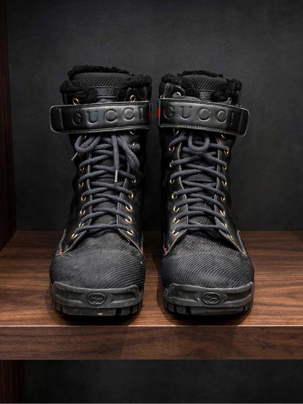 Gucci Black High-Top Lace Boots with Logo Strap